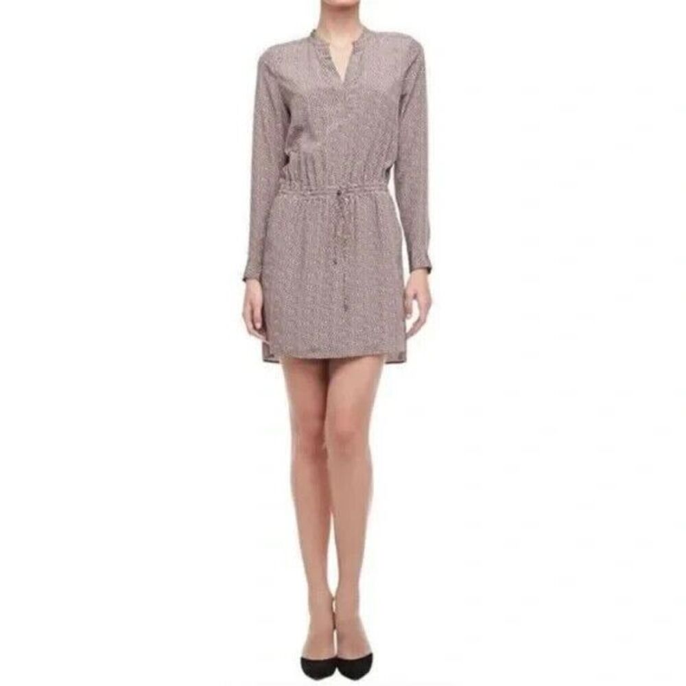 Vince 100% Silk Printed Shirtdress Drawstring Waist Split Neck Brown Size 4